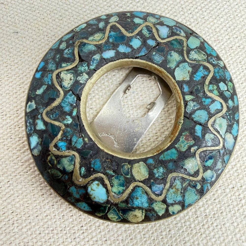 Vintage‎ Turquoise Mosaic Dress Fur Clip India Brass Tone Hinged Slide Ring